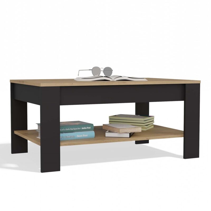 OHIO - Table Basse Chêne Artisan Noir avec Étagère pour Salon 93x58x43,5 cm OHIO - Table Basse Chêne Artisan Noir avec Étagère pour Salon 93x58x43,5 cm