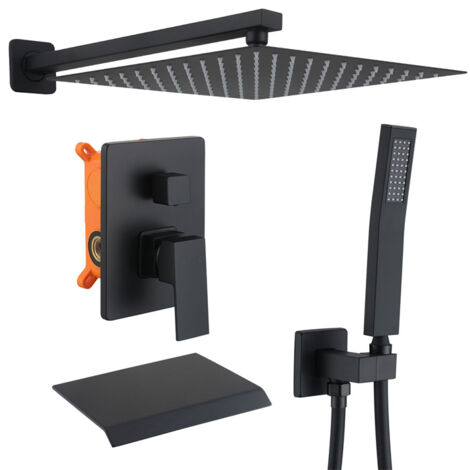Ohpa – Colonne de douche encastrée noire mat – Douche de tête 12 pouces en acier inoxydable – Douchette à main avec flexible 150 cm – Mitigeur en laiton