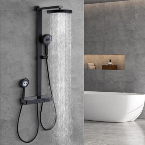 OHPA Colonne de douche thermostatique,40 cm étagère en verre,douchette à main avec 4 modes,Rond Douche de tête effet pluie 35cm,Douchette enfant,sortie d'eau inférieure,colonne douche noir,laiton