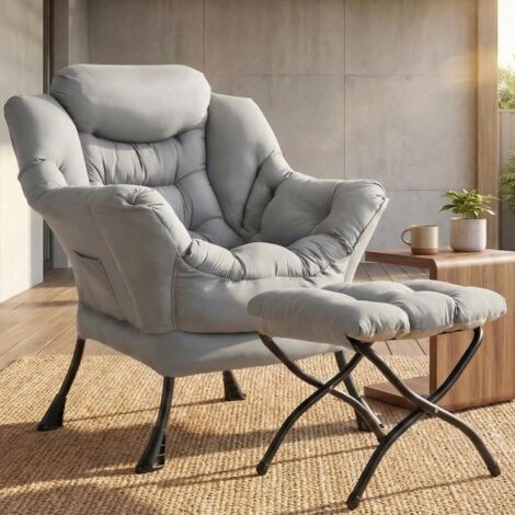 Ohrensessel mit Hocker, Lazy Chair, Moderner Sessel Wohnzimmer mit Seitentasche & Fußstütze, Lesesessel, Bequem Loungesessel für Wohnzimmer, Schlafzimmer, Schlafsaal, Büro (Hellgrau)