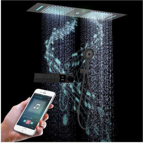 OihPaw Musik Duschsystem Thermostat 300x900mm LED 64 Farben RGB 4 Funktionen Duschset Unterputz Deckenmontage Schwarz