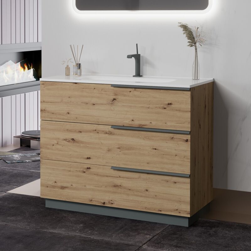Oikos Meuble sur pied avec vasque simple encastrée L.100 cm, 3 tiroirs, finition chêne doré
