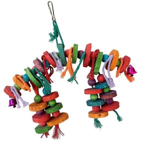 Oiseau jouet à mâcher en blocs tissés et perles, pendentif pour grincer les dents et user le bec – idéal pour le divertissement et l’entretien dentaire.
