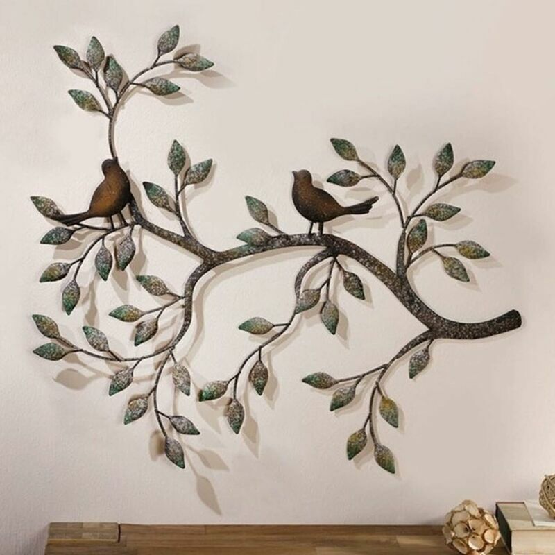 Oiseau Mural Art déco, Une Paire d'oiseaux d'amour sur Les Branches, Sculpture Murale en métal à Suspendre, décoration Murale en Fer forgé rétro,