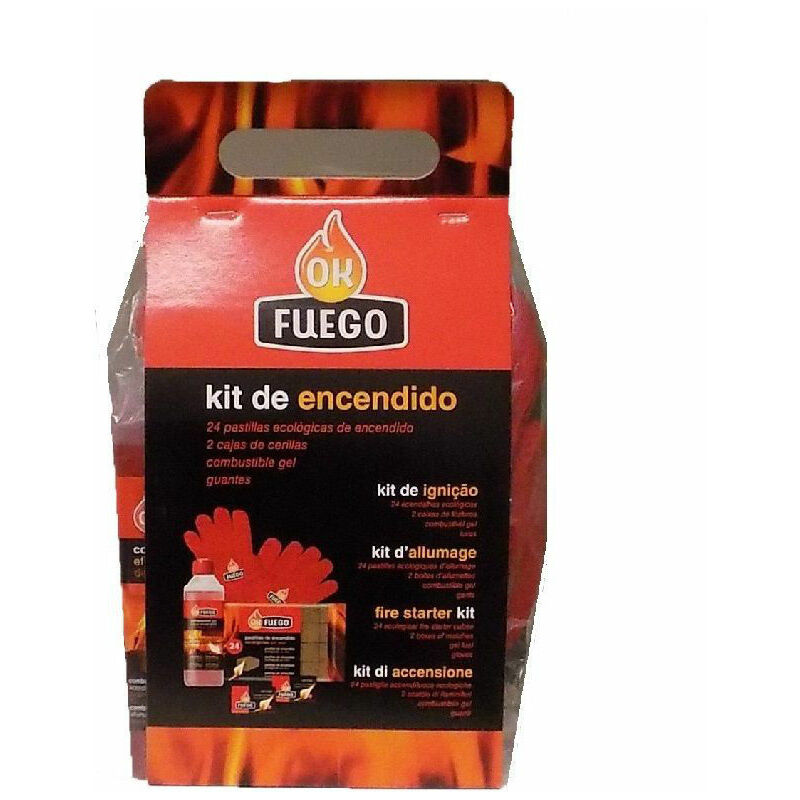 Image of Ok Kit di accensione del fuoco per camini, barbecue, ecc. (2 scatole di corrispondenze + gel su + guanti + 24 pillole ecologiche)