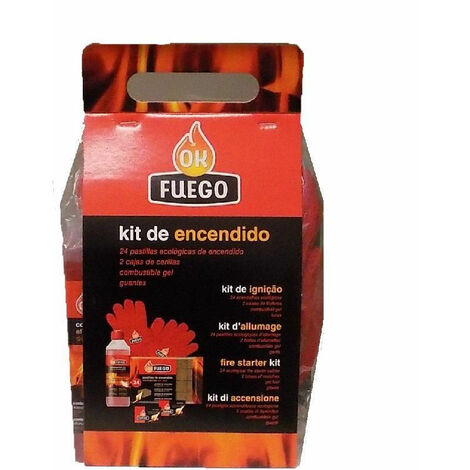 Ok Kit di accensione del fuoco per camini, barbecue, ecc. (2 scatole di corrispondenze + gel su + guanti + 24 pillole ecologiche)