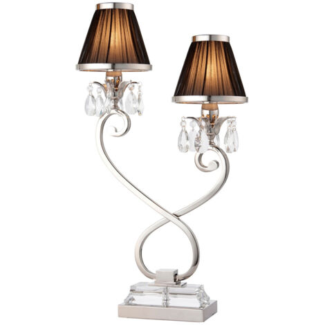 Oksana table lamp, polished nickel, crystal pendants, 2 black shades