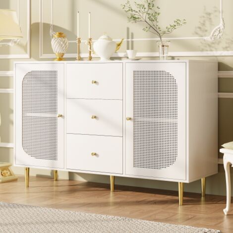 Okwish – Buffet en bois avec portes en rotin synthétique – Meuble de rangement 120 x 40 x 90 cm – Pour cuisine, salon ou salle à manger