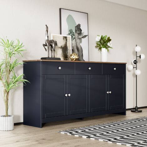 Okwish – Buffet gris 160x37x75cm – 4 portes, 3 tiroirs, étagères réglables – Meuble de rangement pour salon et salle à manger en MDF