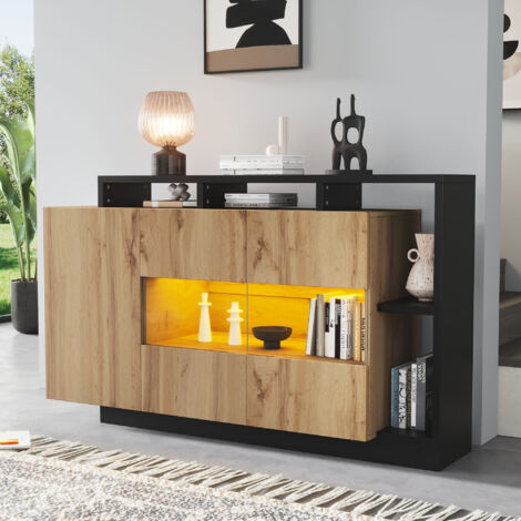 Okwish – Buffet LED en MDF et verre 140x44x93.5 cm – 3 étagères réglables – Éclairage RVB Bluetooth – Résistant à l'usure et aux taches
