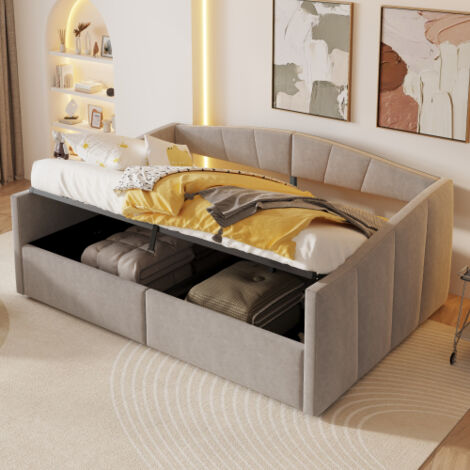 Okwish – Canapé-lit double 140x200 cm – Lit coffre avec rangement – Tissu velours gris clair – Accoudoirs rembourrés – Assemblage requis