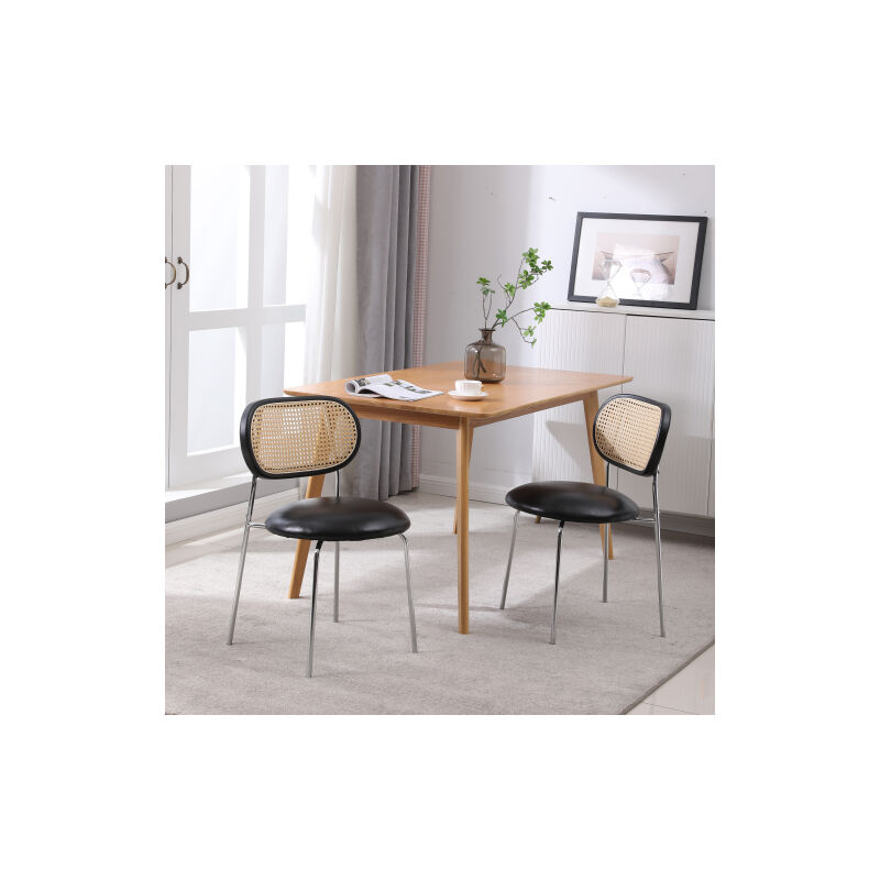 chaise de salle à manger en rotin, moderne, rembourrée en cuir, ensemble de 2 tables de salle à manger noires, chaises d'appoint de cuisine avec