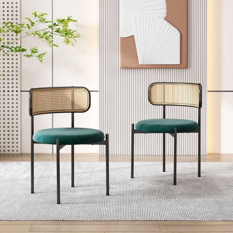 Okwish - Lot de 2 chaise de salle à manger avec pieds en métal, dossier en rotin et coussin en velours Vert