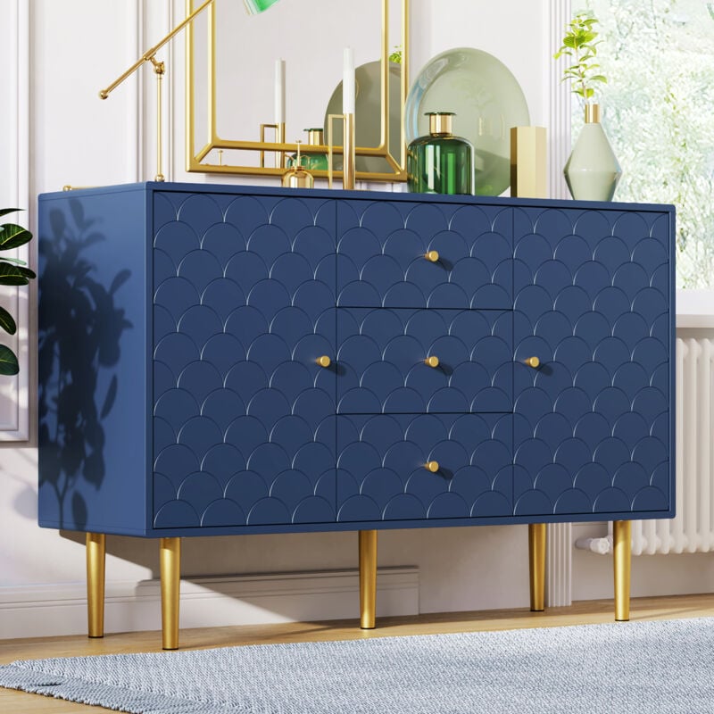 Commode 2 portes et 3 tiroirs, certifiée fsc®, étagère réglable, pour salon, chambre, bleu marine 82×120×40 cm Okwish