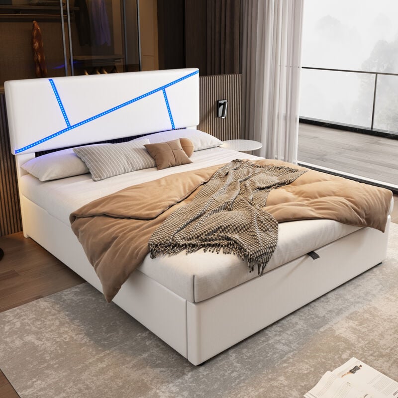 Comodo letto imbottito con strisce luminose a led, 160200 cm, letto matrimoniale con rete a doghe, schienale, letto funzionale idraulico, pelle