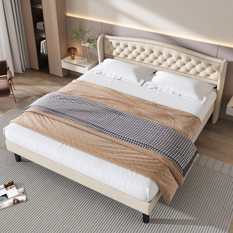 Elegante letto imbottito morbido con testiera vellutata, 160200 cm, decorazioni con bottoni e robusti pannelli in legno, beige Okwish