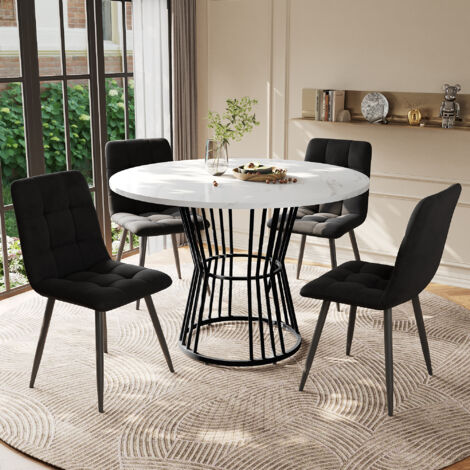 Okwish – Ensemble de table à manger ronde 5 pièces – Plateau MDF blanc – Pieds métal noir – 4 chaises velours noir – Dimensions table 100x100cm