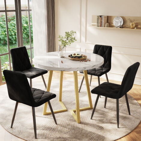 Okwish – Ensemble table à manger ronde 80 cm avec 4 chaises en velours noir – Pieds en métal doré – Plateau MDF blanc – Montage facile