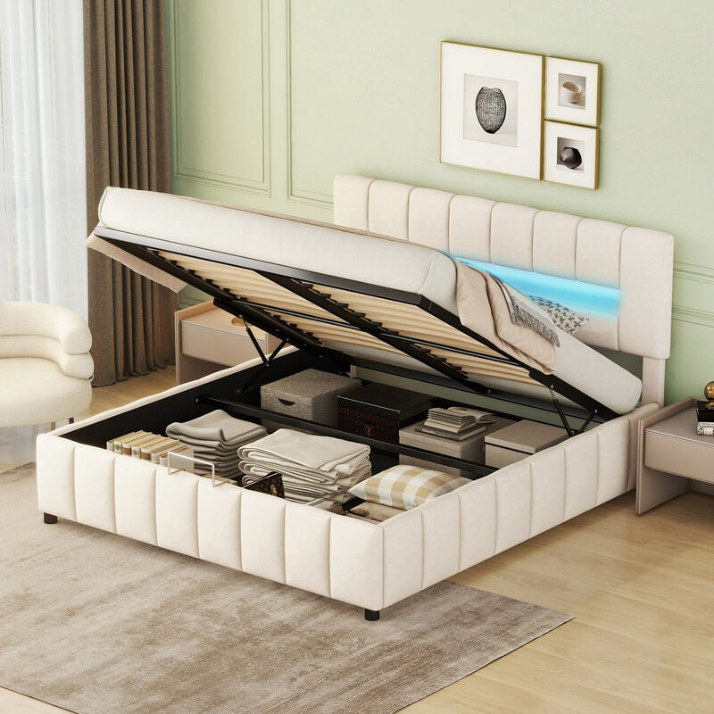 Lit capitonné double 180x200cm avec led, cadre de lit moderne avec espace de rangement, beige Okwish Beige