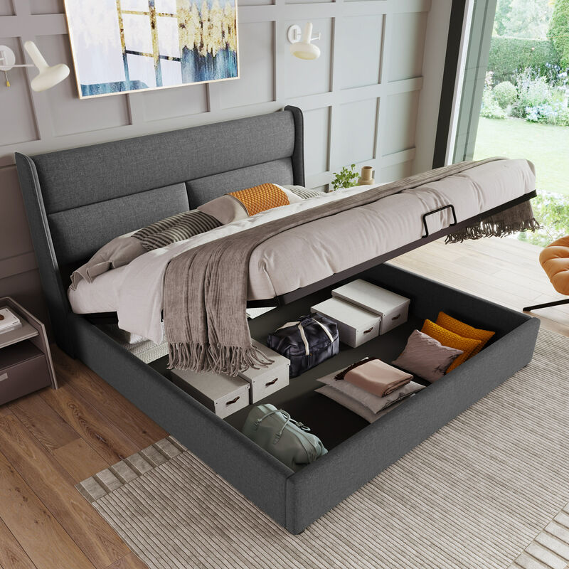 Okwish - Lit double rembourré avec appuie-têtes réglables, lits avec espace de rangement, cadre de lit en lin, lit jeunesse 140x200 avec sommier à