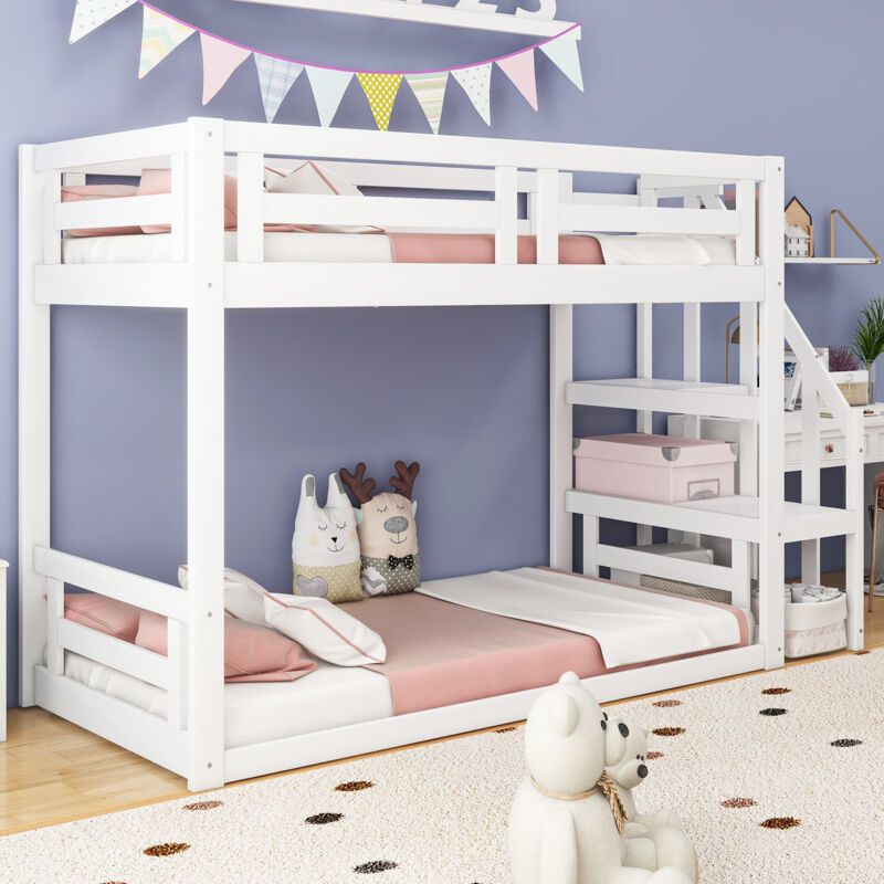 Okwish - Lit superposé 90x200 cm, lit simple d'enfant avec escalier de sécurité et sommier à lattes, en bois massif, gris