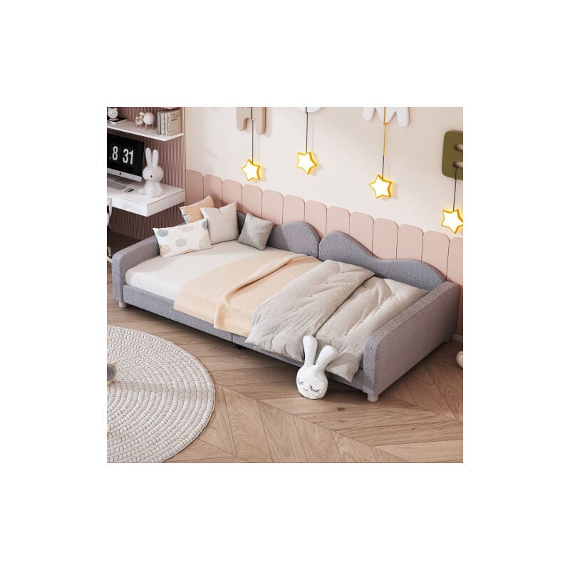 Okwish - Canapé-lit 90x200 cm, lit rembourré, lit enfant avec dossier et accoudoirs, en velours et métal, gris, sans matelas