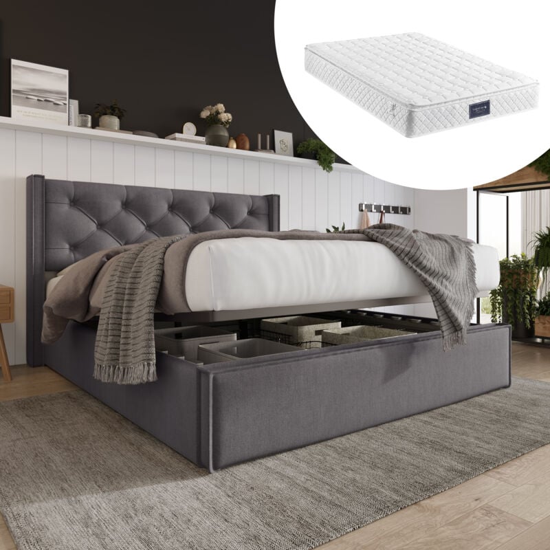 Okwish - Lit double hydraulique lit rembourré 140x200cm, lit avec sommier à lattes en métal, cadre de lit moderne avec espace de rangement, coton,