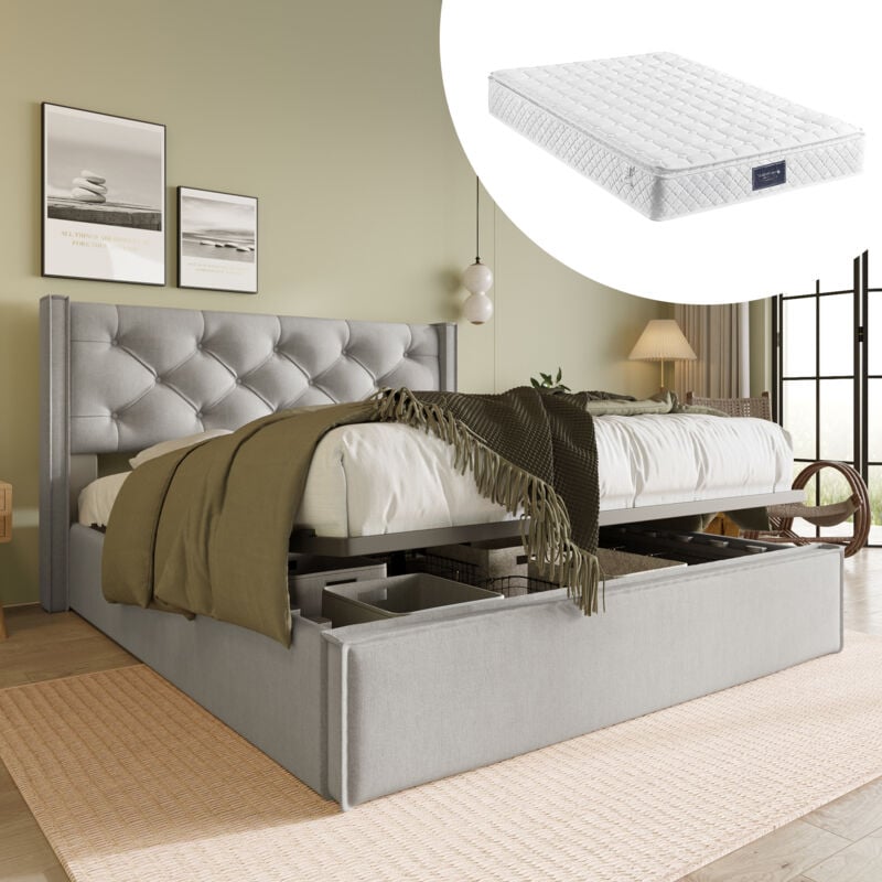 Okwish - Lit double hydraulique lit rembourré 140x200cm, lit avec sommier à lattes en métal, cadre de lit moderne avec espace de rangement, coton,