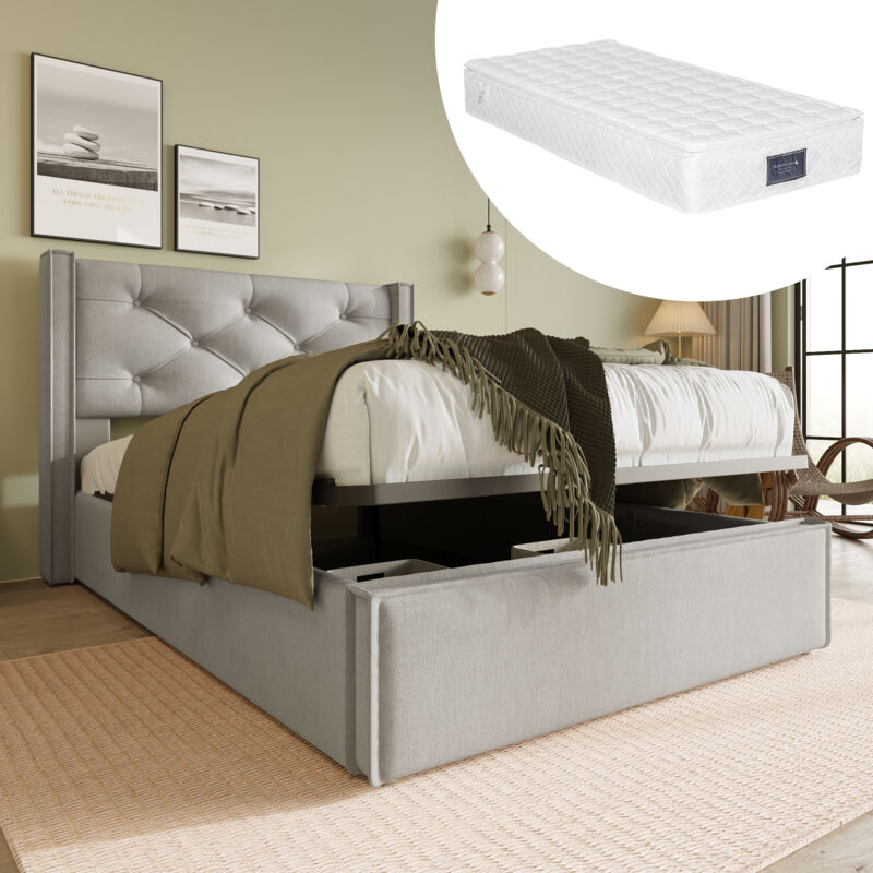 Okwish - Lit rembourré hydraulique, 140x200cm, lit avec sommier à lattes en métal, coton, avec matelas gris clair