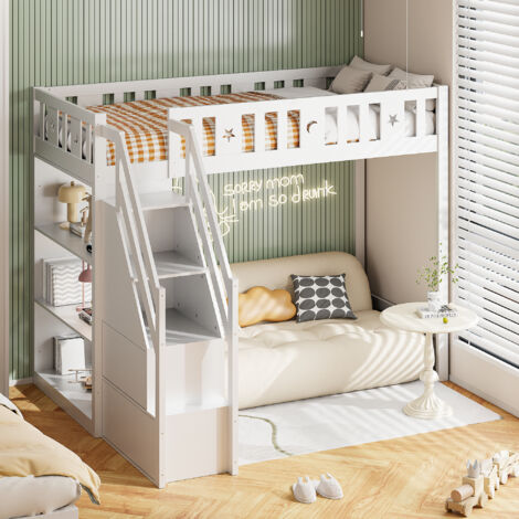 Okwish – Lit mezzanine 90x200 cm enfant – Échelle avec tiroirs – Bois massif blanc – Rangement sous le lit pour bureau ou aire de jeu
