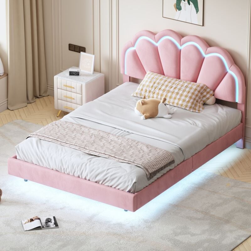 Okwish - Lit rembourré 140 x 200 cm, lit double plat avec lumières led et design de tête de lit, en tissu velours doux pour la peau, rose