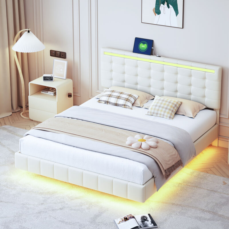 Lit rembourré 160 x 200 cm, cadre de lit flottant rembourré avec lumières led et tête de lit design, lit d'appoint plat double en lin doux pour la