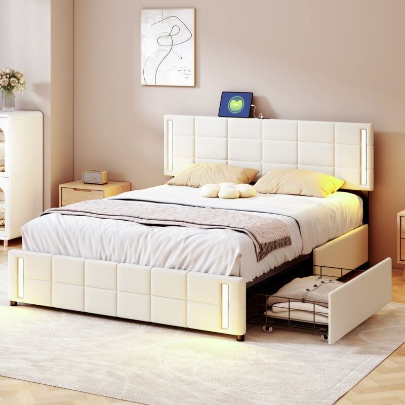 Lit double 140x200 cm lit adulte avec prise de lumière led, 4 tiroirs, tissu en lin doux pour la peau, en mdf massif et en aggloméré, beige, sans