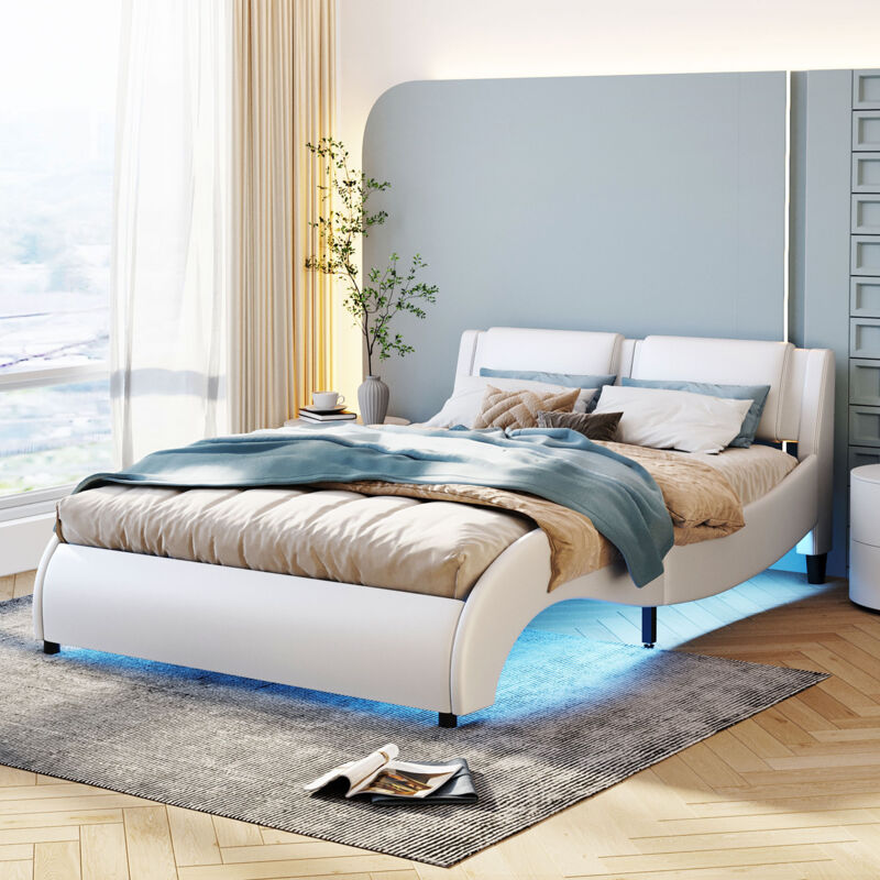 Okwish - Lit capitonné 140x200cm lit double avec cadre de lit, lumineux led et sommiers à lattes, en similicuir, blanc, sans matelas