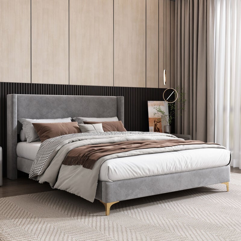 Okwish - Lit adulte 140x200 cm lit double avec sommier à lattes, tête de lit haute, tissu en velours, gris, sans matelas