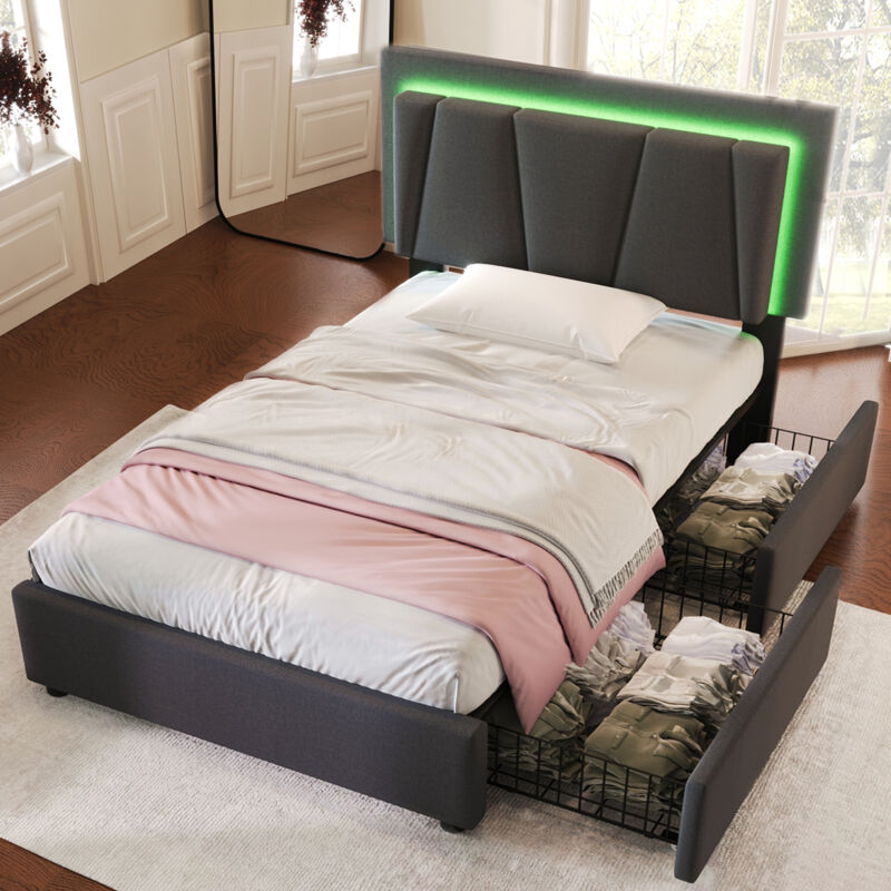 Lit adulte 90x200 cm lit simple rembourré avec éclairage LED, tête de lit réglable et 2 tiroirs, en bois gris, sans matelas