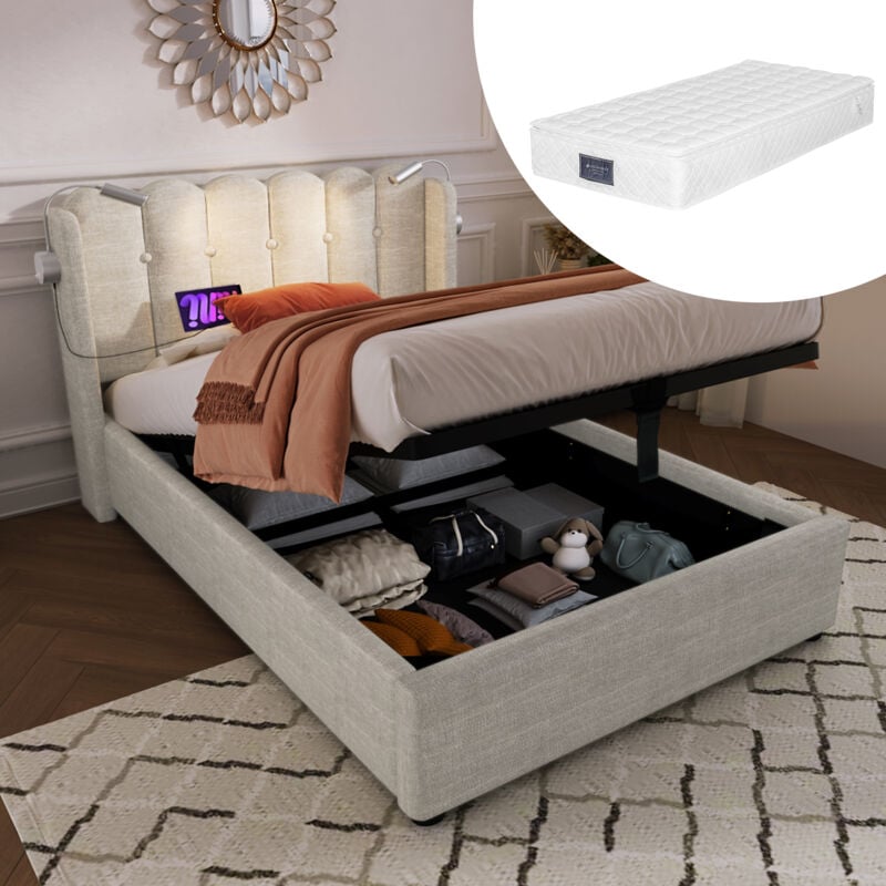 Okwish - Lit coffre 90x200 cm, lit simple rembourré, lit adulte avec lampe de lecture et fonction de charge, en tissu lin beige, matelas inclus