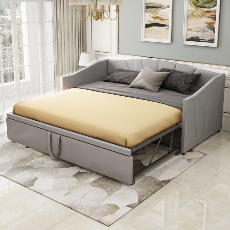 Okwish - Canapé-lit 90/180x200cm lit double avec lit gigogne avec sommier à lattes en tissu velours doux, gris, sans matelas