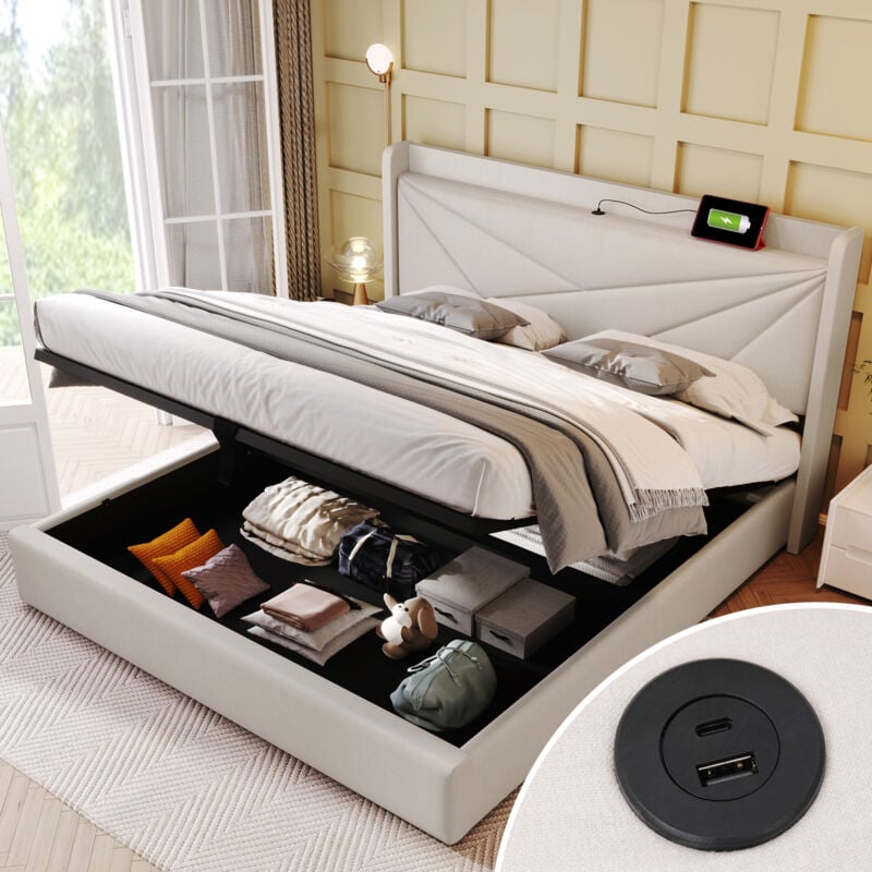 Okwish - Lit coffre 160x200 cm lit double rembourré, lit adulte avec tête de lit géométrique et port usb, tissu en coton beige, sans matelas