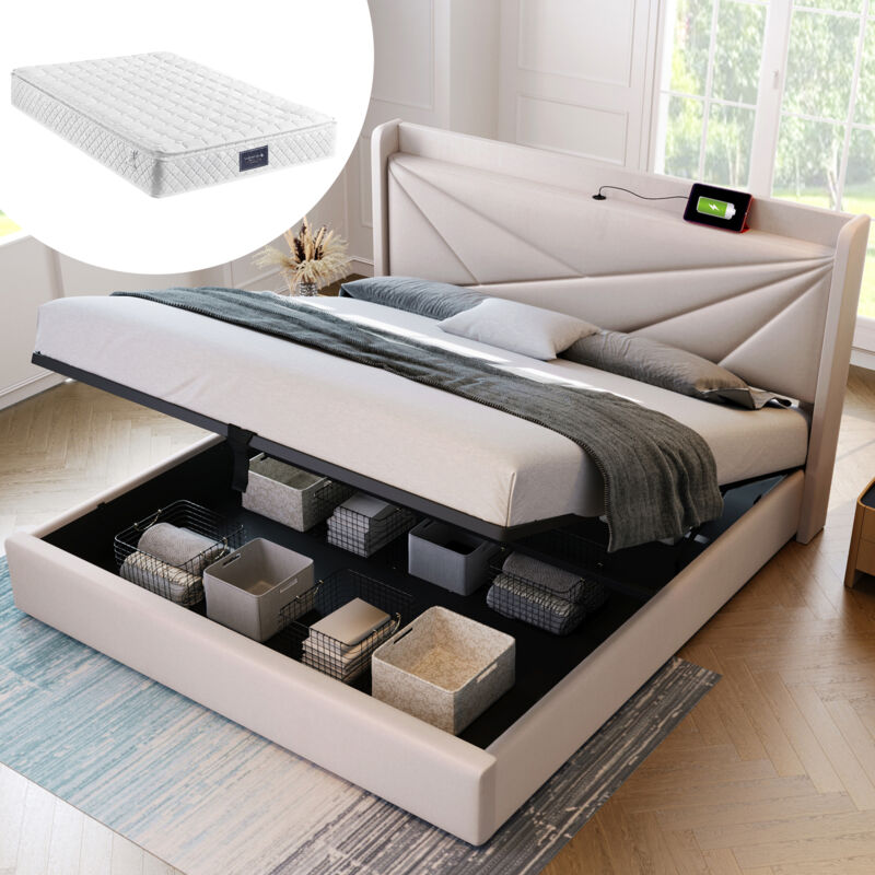Okwish - Lit coffre 140x200 cm lit double rembourré, lit adulte avec tête de lit géométrique et port usb, tissu en coton beige, matelas inclus