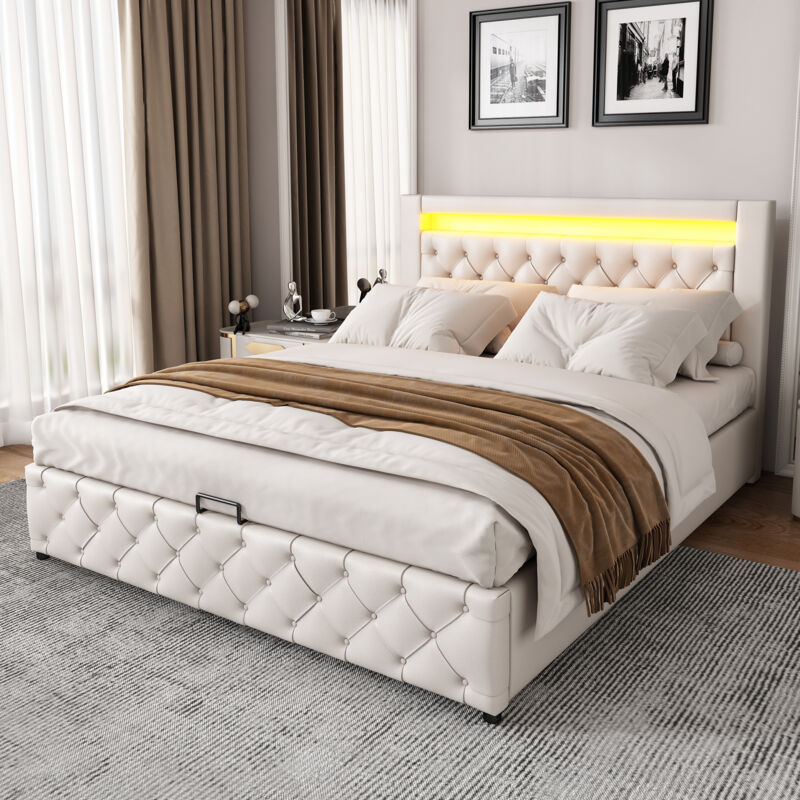 Lit coffre 160x200 cm, lit double moelleux, lit adulte avec rangement et éclairage led, en cuir artificiel, blanc, sans matelas