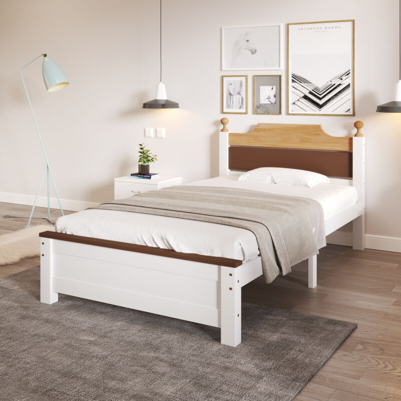 Okwish - Lit double 90x200 cm lit adulte, avec tête et pied central en mdf, en bois de pin, blanc, sans matelas