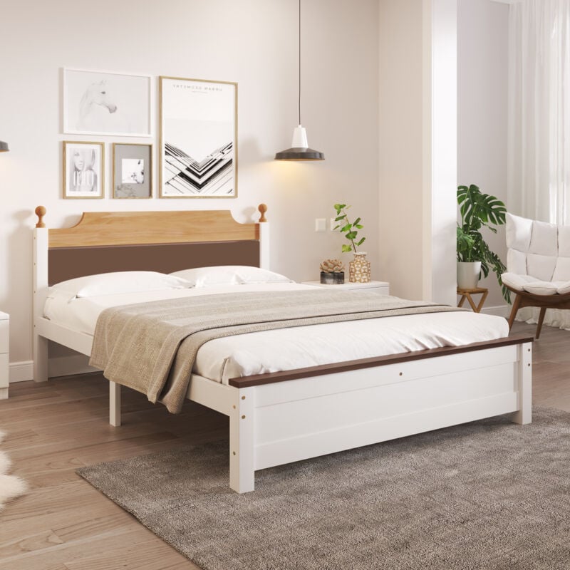 Okwish - Lit double 140x200 cm lit adulte, avec tête et pied central en mdf, en bois de pin, blanc, sans matelas