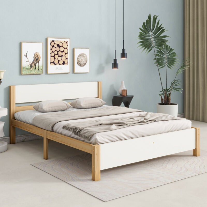 Okwish - Lit double 140x200 cm lit adulte, avec tête et pied de lit en mdf, en bois de pin, couleur blanc+naturel, sans matelas