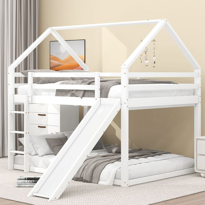 Lit double lit enfant lit maison lit superposé avec toboggan et échelle, chambre d'enfant lit superposé double haut, blanc, 140x200cm OKWISH - Blanc B