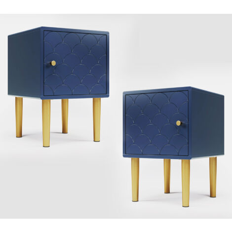 Okwish – Lot de 2 tables de chevet bleu marine – Dimensions H50 x L35 x P35 cm – Motif écailles de poisson – Pieds métal champagne