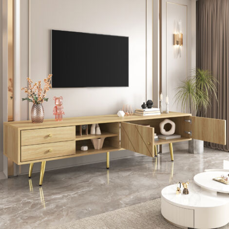Okwish – Meuble TV 160 cm – 2 tiroirs et portes en grill – MDF bois naturel – Design moderne pour salon – Taille d'écran 40-49 pouces