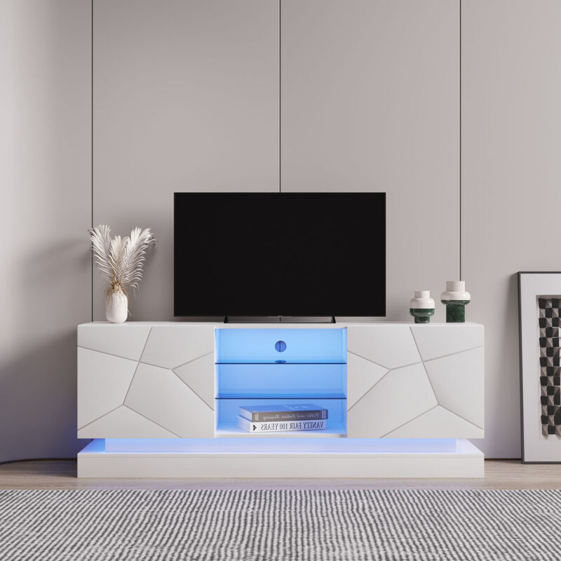 Okwish - Meuble tv blanc brillant, support tv avec rangement, étagères en verre réglable et éclairage led, 160x39x60 cm