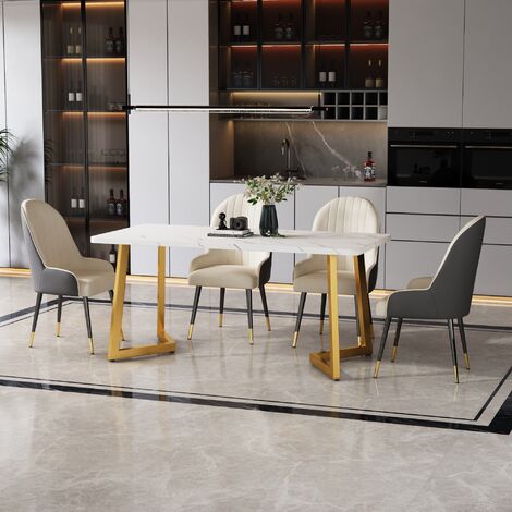Okwish – Table de salle à manger rectangulaire 117x68x75 cm – Plateau MDF aspect marbre – Pieds en fer doré pour salon et bureau