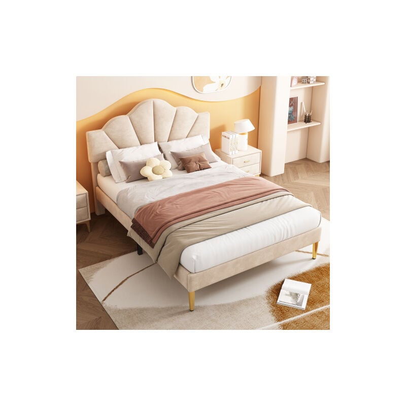 Lit capitonné en velours, 140190 cm, lit forme coquille avec pieds en fer doré, tête de lit réglable en hauteur, sommier à lattes en bois, beige